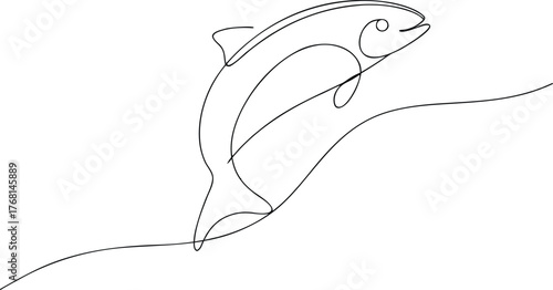 Single line drawing of a leaping salmon fish jumping