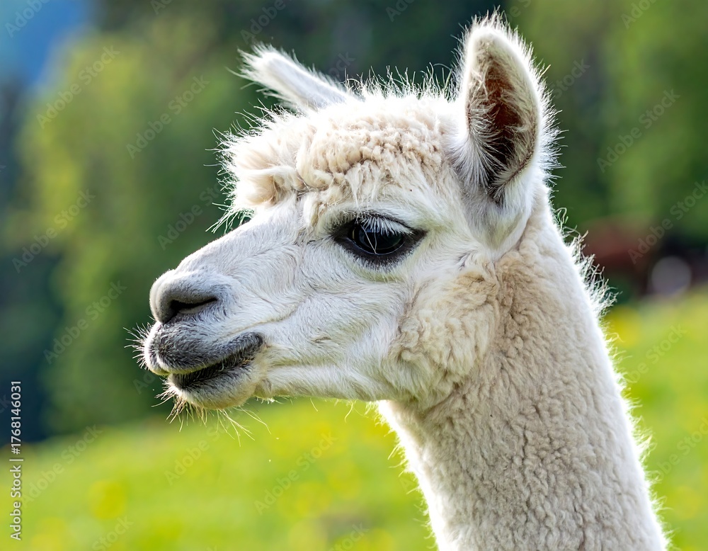 Fototapeta premium Close-up portrait of a fluffy white llama grazing outdoors with soft focus background
