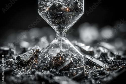 Hourglass where sand replaced tiny crumbling personal computer smartphones concept about digital decay technological obsolescence High contrast black white photograph sharp focus falling e waste stark