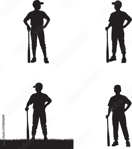 Four silhouette images of young baseball players standing with bats ready for action