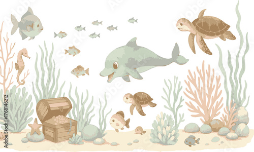 Flat Underwater Landscape — Seaweed, Rocks and Friendly Animals Vector illustration. easily editable.