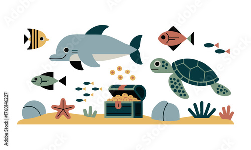 Treasure Chest Under the Sea — Minimal Pastel Marine Vector illustration. easily editable.
