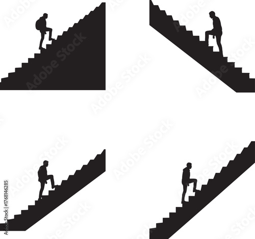 Silhouettes of people climbing stairs representing progress ambition and overcoming challenges