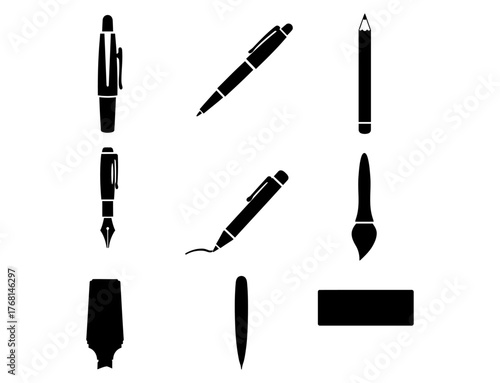 Monochrome vector icon set of office and school supplies including various types of pens, pencils, and brushes