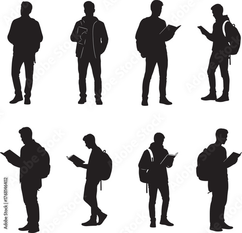 Collection of diverse silhouettes of people reading books and using devices