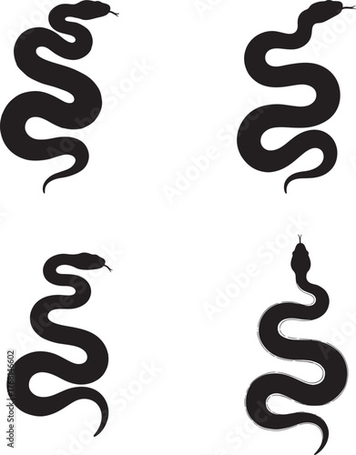 Four silhouette illustrations of black snakes in different curled poses on white background