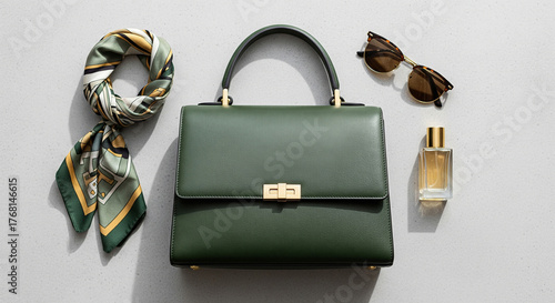 Luxury handbag with scarf, sunglasses and perfume flat lay