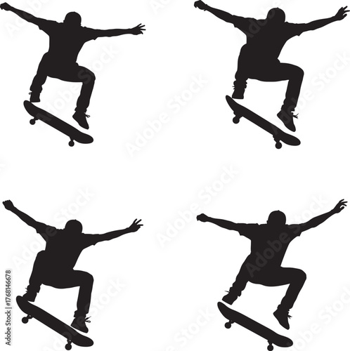 Four silhouettes of a skateboarder performing different aerial tricks against a white background