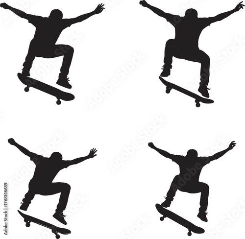 Four silhouette images of a skateboarder performing aerial tricks against a white background