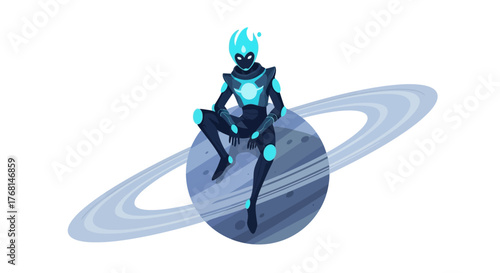 Cosmic Guardian: Serene humanoid protector atop a ringed planet in a vast expanse