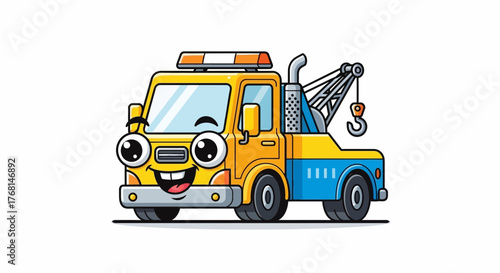 Cheerful cartoon tow truck with oversized eyes ready to assist and providing automotive help