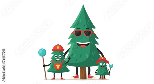 Animated evergreen family posing with cheerful expressions against a clean backdrop