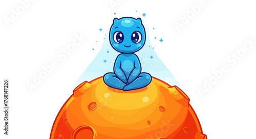 Whimsical alien meditating peacefully on a distant orange planet with cosmic serenity