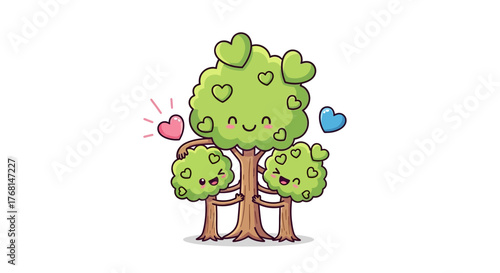Illustrative anthropomorphic trees in a heartwarming embrace with tender expressions and hearts