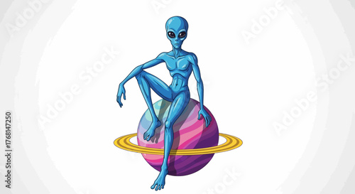 Serene extraterrestrial figure perched gracefully atop a celestial body with rings depicted in