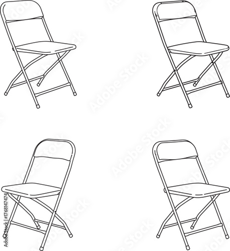 Four hand drawn sketch illustrations of folding chairs in different angles on white background