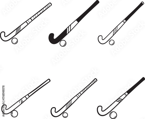 Collection of six hand drawn field hockey sticks and balls on a white background