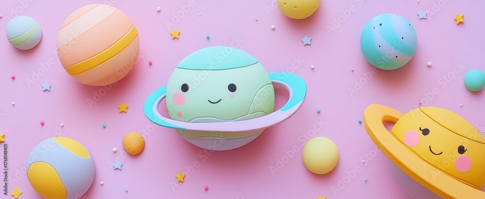 Fototapeta premium Adorable Kawaii Planets and Stars Floating in a Dreamy Pink Cosmic Nursery