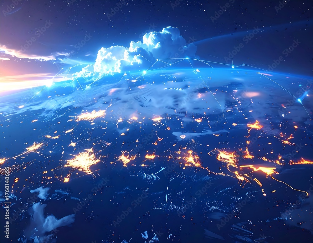 Obraz premium Digital illustration showing Earth from space with connected networks