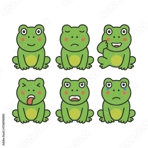 Adorable Cartoon Featuring a Collection of Cute Frog Characters with Various Facial Expressions Starting from Smiling, Sad, Laughing, Bitter, Angry, and Crying.