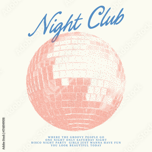 Disco night club artwork.Mirror ball vector artwork. Visit Disco Planet. Sparkle party ball. Enjoy disco time t shirt design. Disco party ball graphic print design poster. Abstract Vintage Doted print