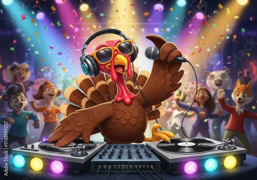 A cartoon turkey dj wearing headphones and sunglasses, spinning records at a party with colorful lights and confetti
