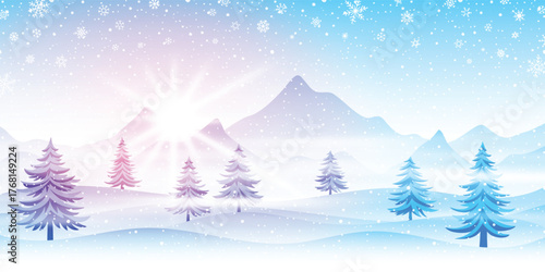 Fairytale winter landscape, mountains with forest in the fog, shining sun, snowdrifts and snowfall, vector illustration