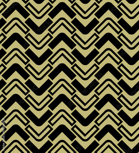 Geometric shapes in the form of angular elements arranged in rows on a mustard background, in the style of constructivism.