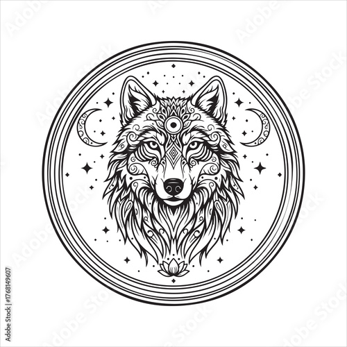 Mystical Wolf Mandala with Stars and Moon — Spiritual Animal Vector Symbol of Strength and Intuition