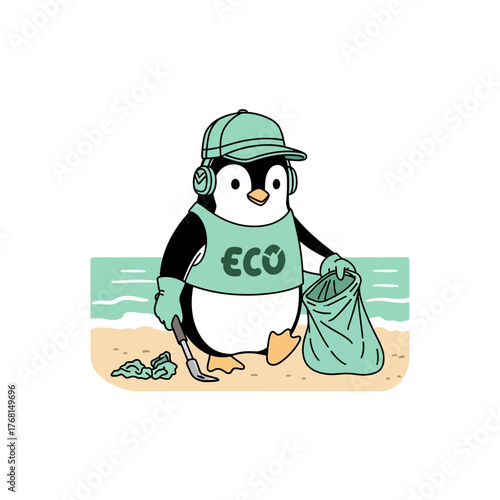 Eco-conscious penguin volunteer cleaning up a polluted sandy beach