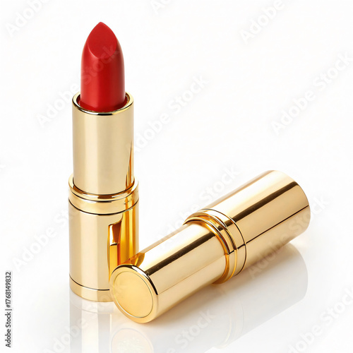Red Lipstick with Gold Cap Opened on White Background