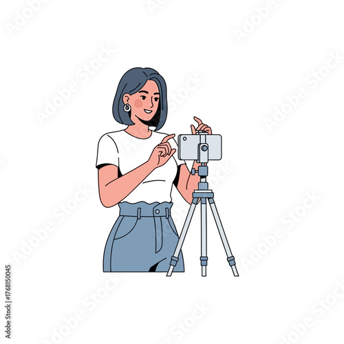 Woman recording a video on a tripod with her smartphone