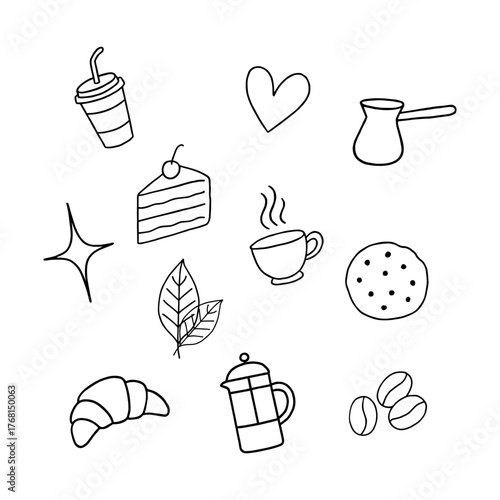 A minimalist black and white doodle-style icon set featuring coffee-themed elements and desserts.