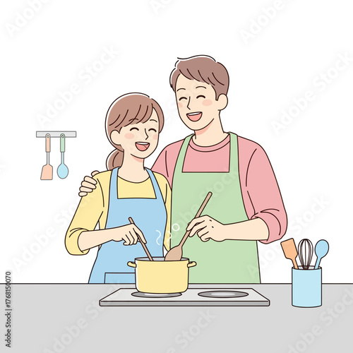 Couple happily cooking together in a kitchen