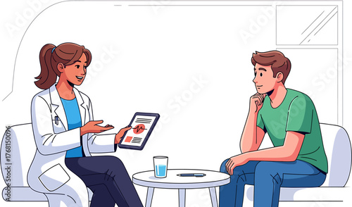 Doctor discussing medical results with patient in a calm, supportive setting for improved health understanding