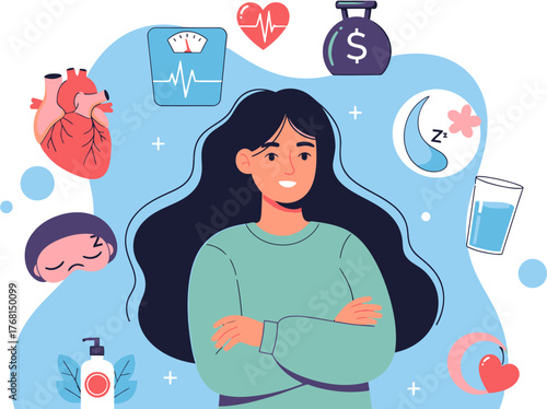 Holistic approach to female well-being, featuring a woman contemplating various aspects of a healthy lifestyle such as nutrition, sleep, and heart health
