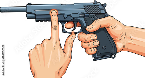 Instructional illustration demonstrating proper firearm handling, with a finger pointing to the safety mechanism of a semi-automatic handgun
