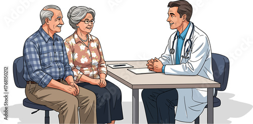 Doctor Meeting with Elderly Couple | Medical Consultation Illustration