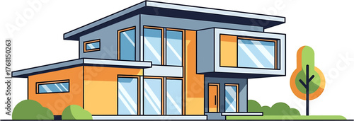 A stylish and modern family home illustration featuring contemporary architectural design, isolated for real estate concepts