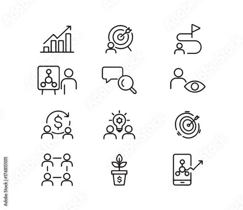 Comprehensive collection of business strategy and growth outline icons, illustrating key concepts like goal setting, team collaboration, financial investment, and successful market expansion