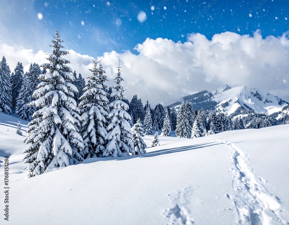 Fototapeta premium Snowy mountain landscape with fir trees (1)