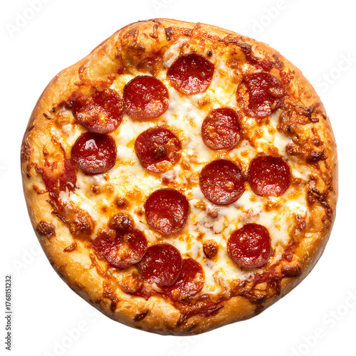 A top view of a round pizza with melted cheese and pepperoni isolated on transparent background
