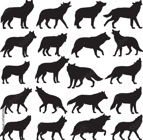 A grid of twenty black wolf silhouettes in various poses and movements on a white background animal