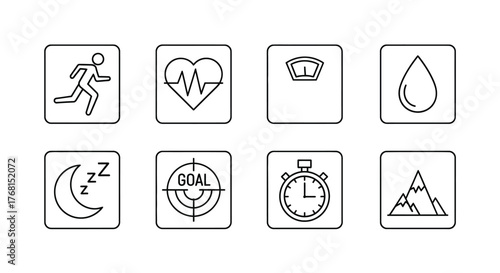 Set of fitness and health icons in a square grid for digital applications and presentations vector