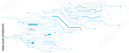 Vector white abstract ON power button in the center of futuristic circuit board with light glowing wires on technology background.