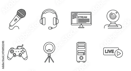 Collection of streaming and gaming equipment icons for online content creation and broadcasting vector
