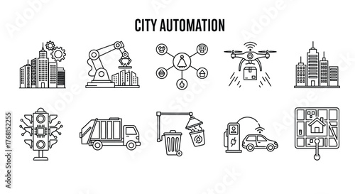 Smart city automation concepts buildings infrastructure technology industry drones and ai network icons vector