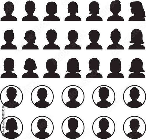 Assortment of Black Silhouette Head Icons and Circular Profile Pictures avatar shoulders