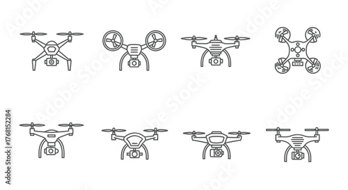 Collection of quadcopter drone icons showing different angles and designs for aerial photography and delivery vector