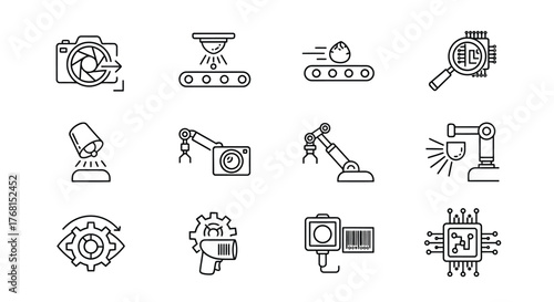 Set of industrial automation icons featuring manufacturing robots and machinery for production lines vector